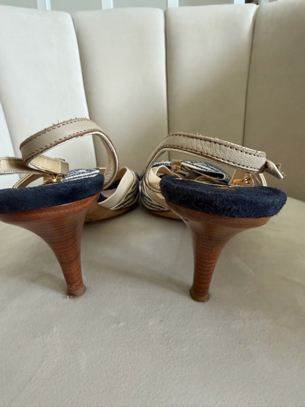 O Jour Vtg Bow-Accent Beige Slingback Heels Navy Stripes Open Toe Shoes Y2K 8 - Picture 7 of 13